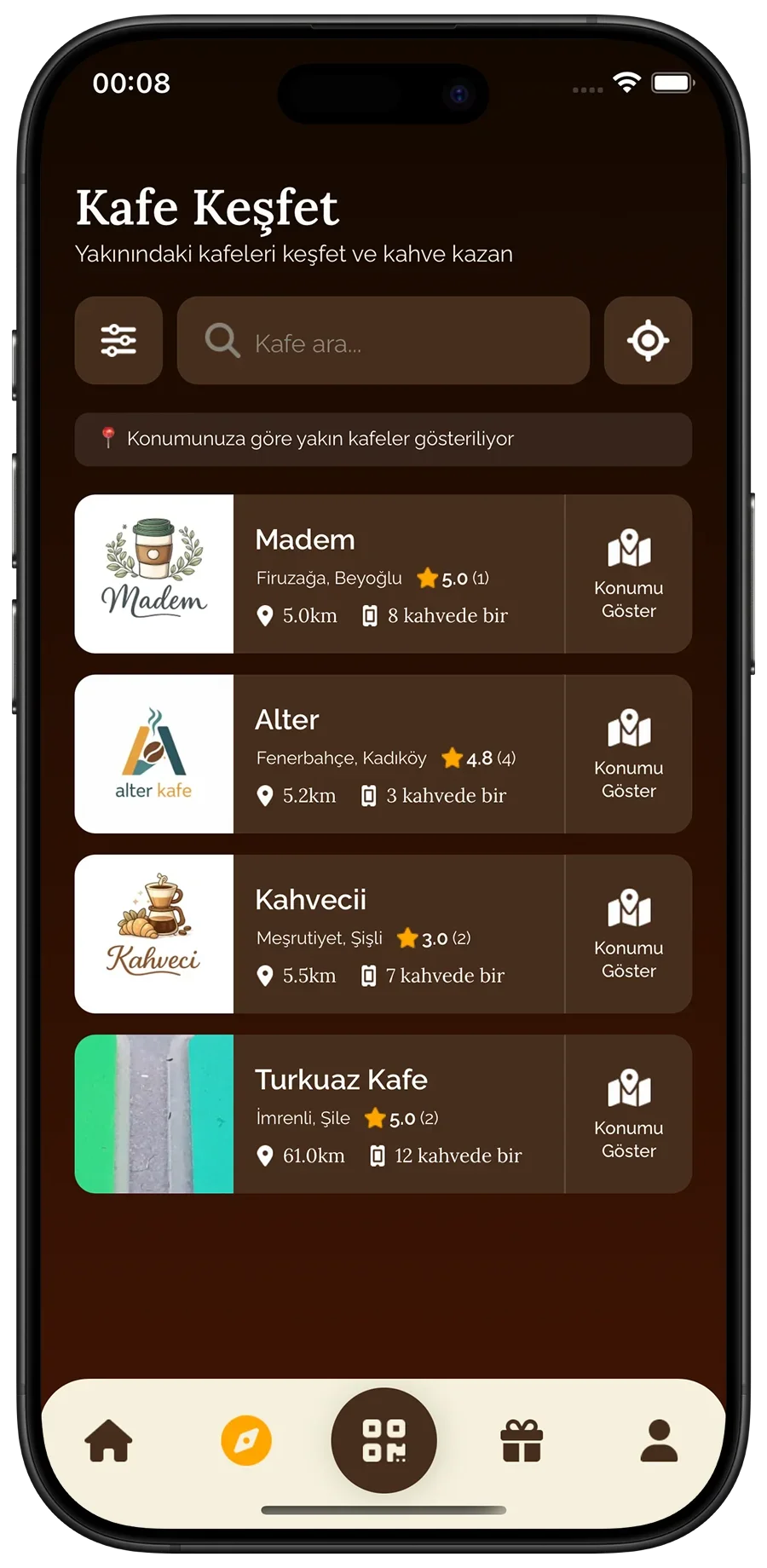Kafin Kafe Keşfet Ekranı